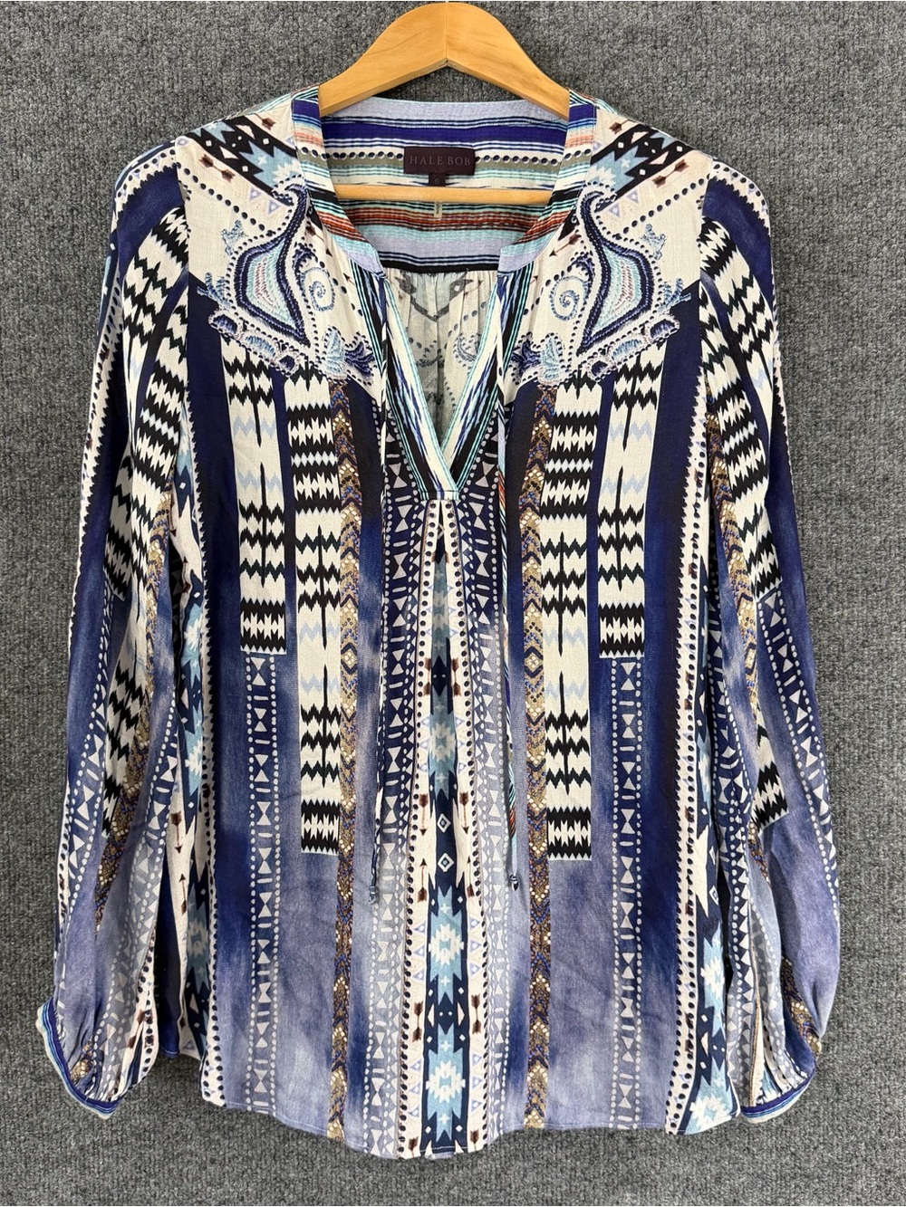 Hale Bob Womens Long Sleeve Boho Geometric Print Top Size Small Blue Pullover